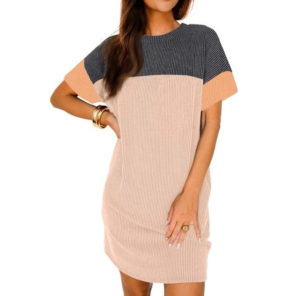 Fantaslook Womens Colorblock Ribbed T-Shirt Dress Short Sleeve Crew Neck M New